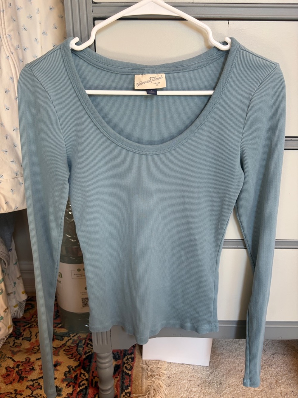 Universal Thread Long Sleeve Ribbed Scoop Neck Top - Dusty Blue